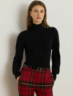 Lauren Ralph Lauren Button-Trim Mockneck Sweater - Polotröjor POLO BLACK Clearance