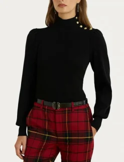 Lauren Ralph Lauren Button-Trim Mockneck Sweater - Polotröjor POLO BLACK Clearance