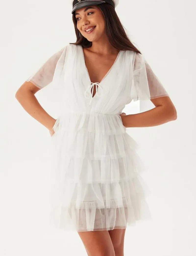 Bubbleroom Deep V-neck Tulle Dress - Korta klänningar WHITE Best