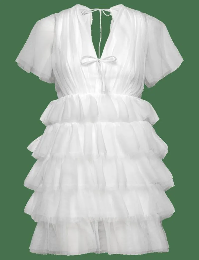 Bubbleroom Deep V-neck Tulle Dress - Korta klänningar WHITE Best