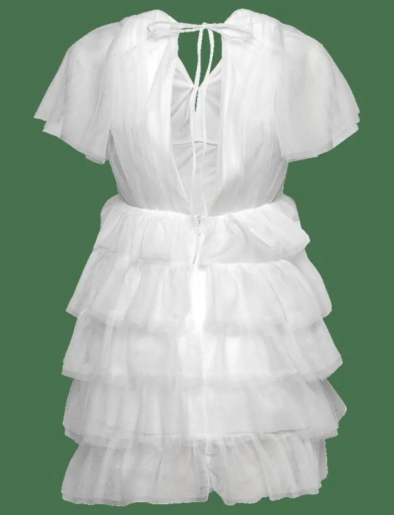 Bubbleroom Deep V-neck Tulle Dress - Korta klänningar WHITE Best
