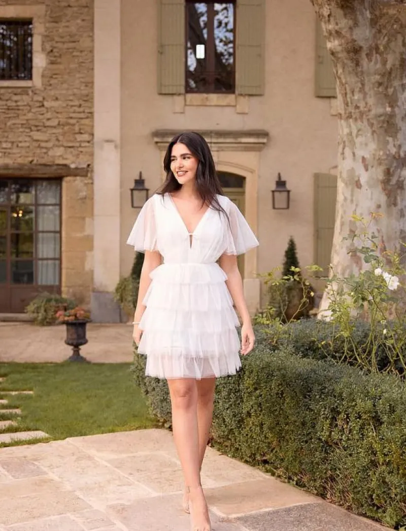 Bubbleroom Deep V-neck Tulle Dress - Korta klänningar WHITE Best