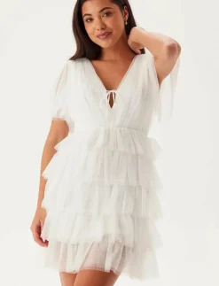 Bubbleroom Deep V-neck Tulle Dress - Korta klänningar WHITE Best