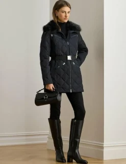 Lauren Ralph Lauren Faux-Fur-Trim Diamond-Quilted Down Coat - Dun- & vadderade jackor DK NAVY Clearance