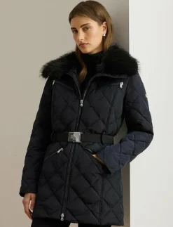 Lauren Ralph Lauren Faux-Fur-Trim Diamond-Quilted Down Coat - Dun- & vadderade jackor DK NAVY Clearance