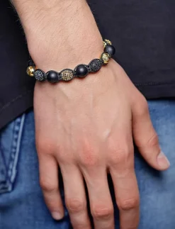 Nialaya Men's Beaded Bracelet with Matte Onyx and Black/Gold CZ Diam - Armband BLACK / GOLD Online