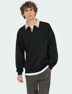 ONLY & SONS ONSJEFFREY VTG LS RUGBY SOLID POLO - Långärmade pikéer JET BLACK Sale