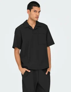 ONLY & SONS ONSPLI PLISSE SHIRT - Kortärmade pikéer JET BLACK Clearance