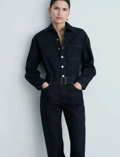 Mango Rinse-wash denim jumpsuit with belt - Jumpsuits OPEN BLUE Best