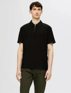 Selected SLHRELAX-PLISSE HALF ZIP SS POLO EX - Kortärmade pikéer BLACK Outlet
