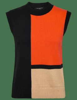 French Connection VARLI COLOUR BLOCKING KNIT VES - Stickade västar BLACK FLAME CAMEL Clearance